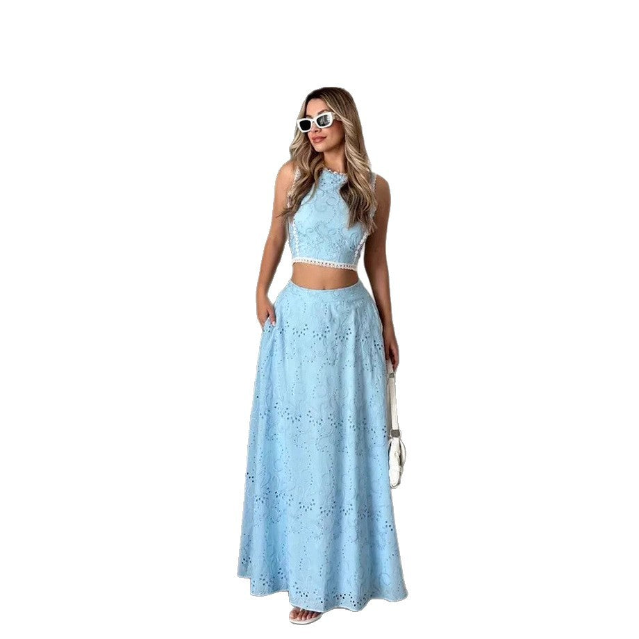 Damen Maxikleid mit filigranem Lochstickmuster und modischem Crop-Oberteil EB