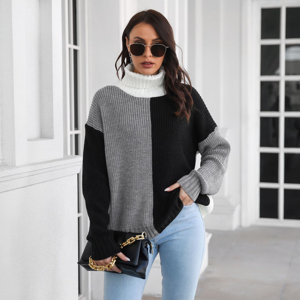 Damen Grobstrickpullover mit hohem Kragen und modernem Farbblock-Design EB