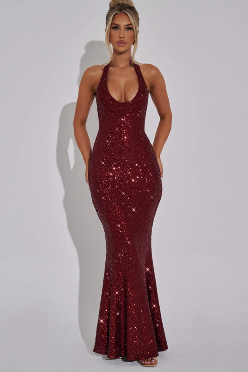 Damen Glamouröses Pailletten-Maxi-Kleid mit tiefem V-Ausschnitt und schmalem Schnitt EB