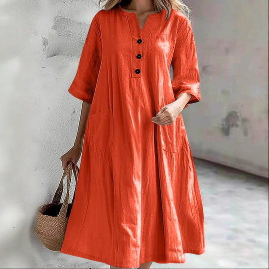 Damen lässiges Leinenkleid mit praktischen Taschen und Knopfdetails EB
