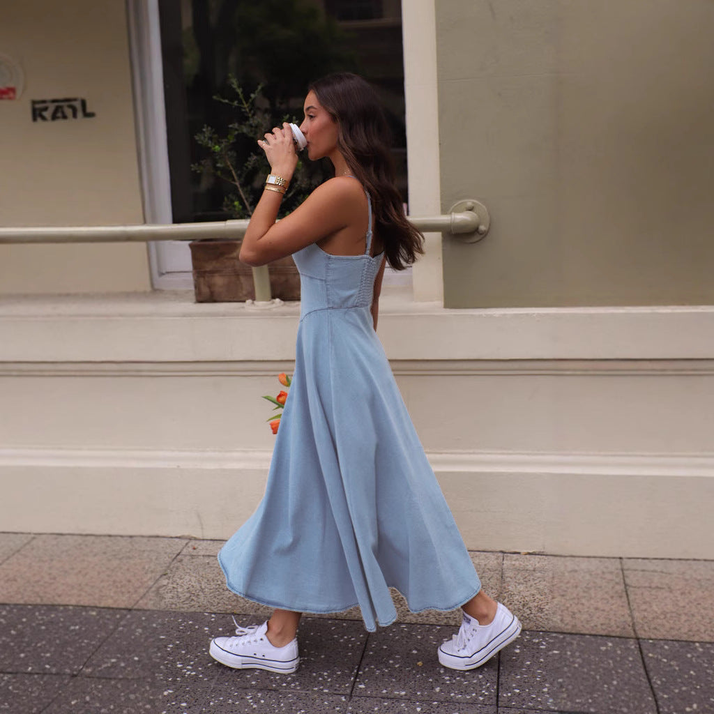 Damen Midi-Kleid mit trägerlosem Design und fließendem Schnitt EB