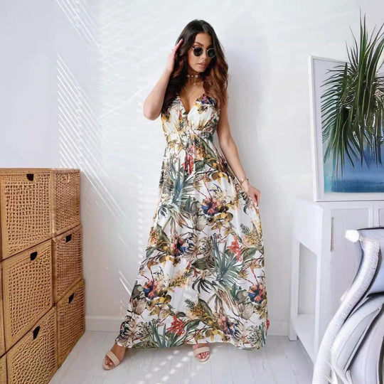 Damen Maxikleid mit floralen Mustern und tailliertem Oberteil EB
