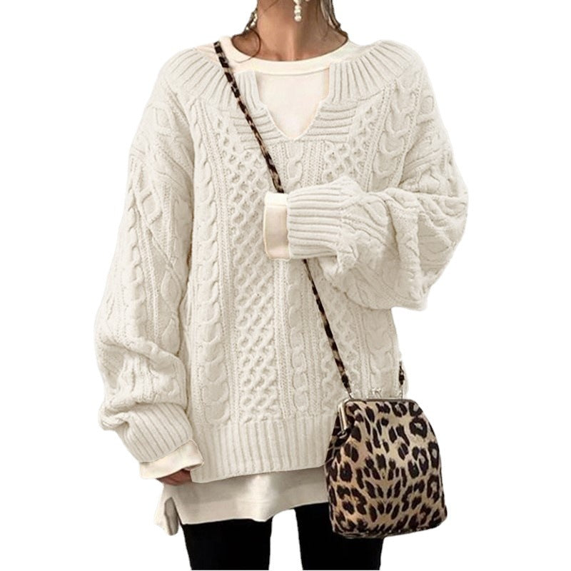 Damen nan weit geschnittener Strickpullover mit Zopfmuster und V-Ausschnitt EB