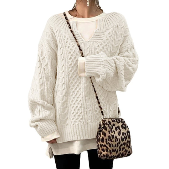 Damen nan weit geschnittener Strickpullover mit Zopfmuster und V-Ausschnitt EB