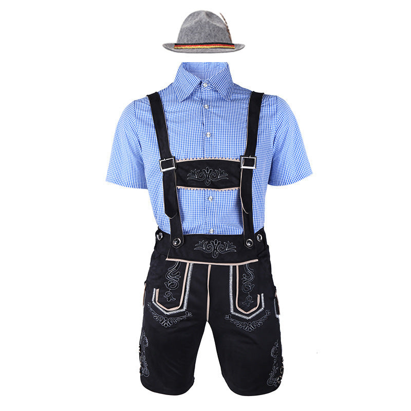 Herren nan traditionelle Trachtenlederhose mit bestickten Hosenträgern, kariertem Trachtenhemd und Filzhut EB