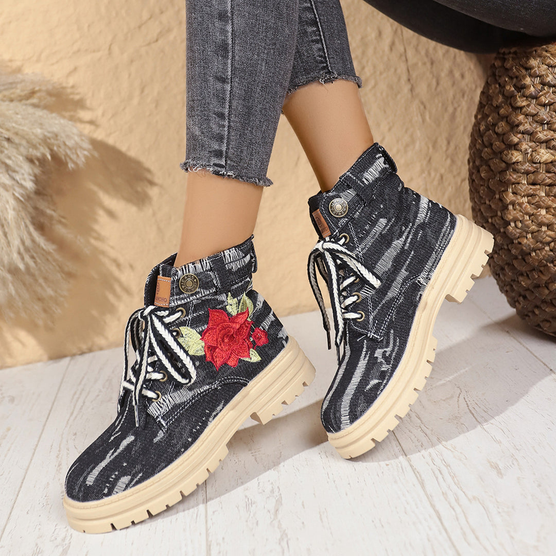 Damen Modische Schnürstiefeletten mit floralem Stickmuster und rutschfester Sohle EB