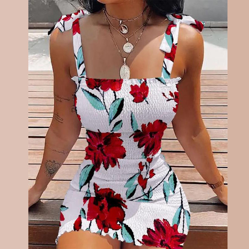 Damen Kurzkleid mit Blumenmuster und Spitzenträgern EB