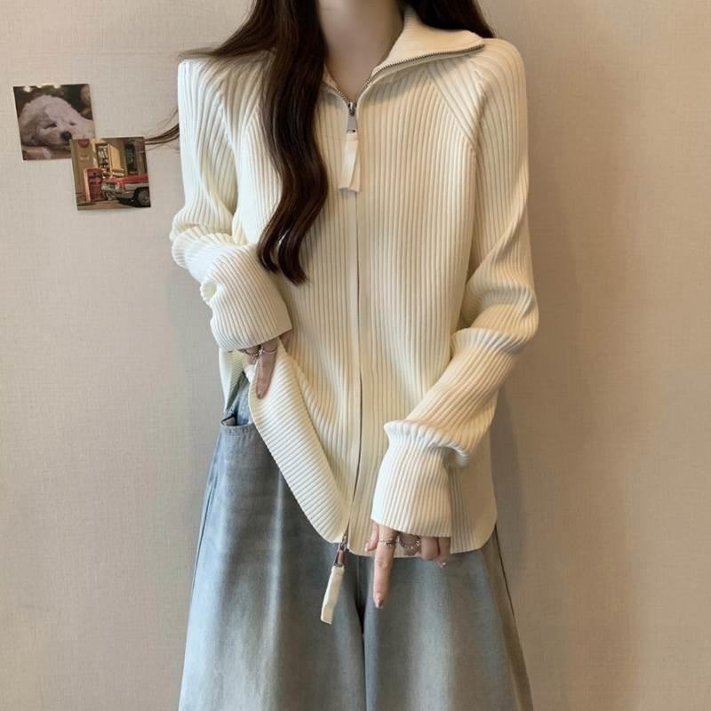 Damen Modische Strickjacke mit hohem Kragen und Reißverschluss EB