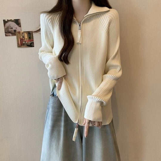 Damen Modische Strickjacke mit hohem Kragen und Reißverschluss EB
