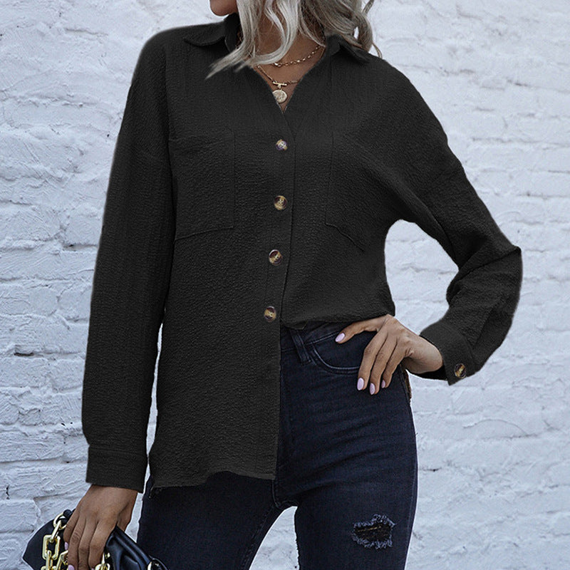 Damen Strukturierte Oversize-Hemdbluse mit Brusttaschen und Knopfleiste EB