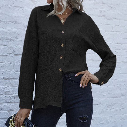Damen Strukturierte Oversize-Hemdbluse mit Brusttaschen und Knopfleiste EB