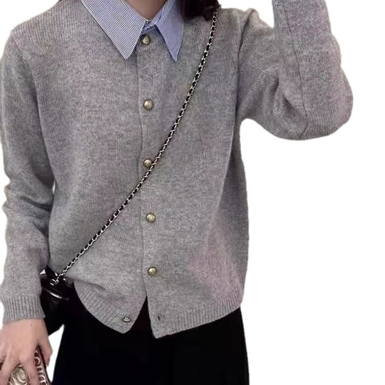 Damen Strickjacke mit Blusenkragen und Knopfdetails EB