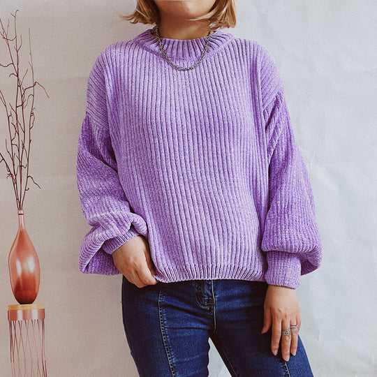 Damen Grobstrickpullover mit romantischem Rippenmuster und weiten Ärmeln EB