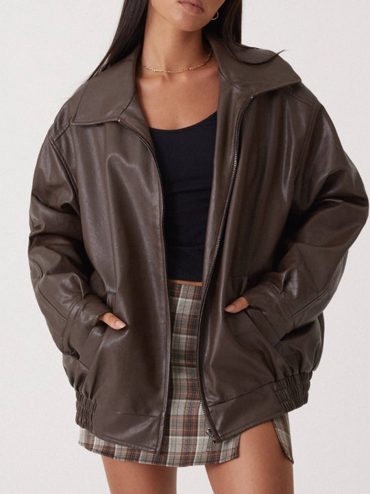 Damen lässige Kunstjacke mit elastischem Bund und praktischen Taschen EB