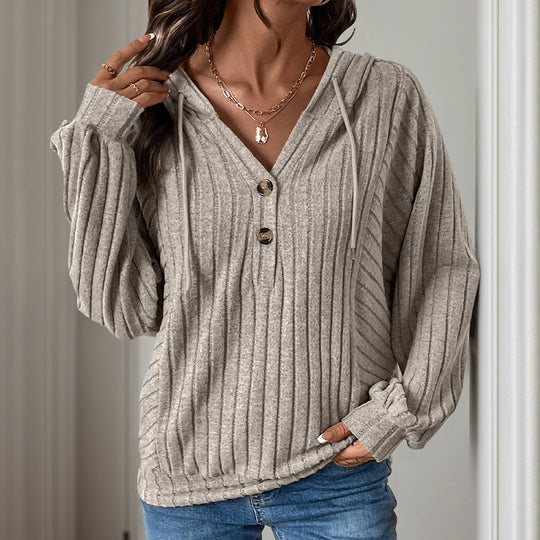 Damen Strickpullover mit Kapuze und Knopfdetail EB