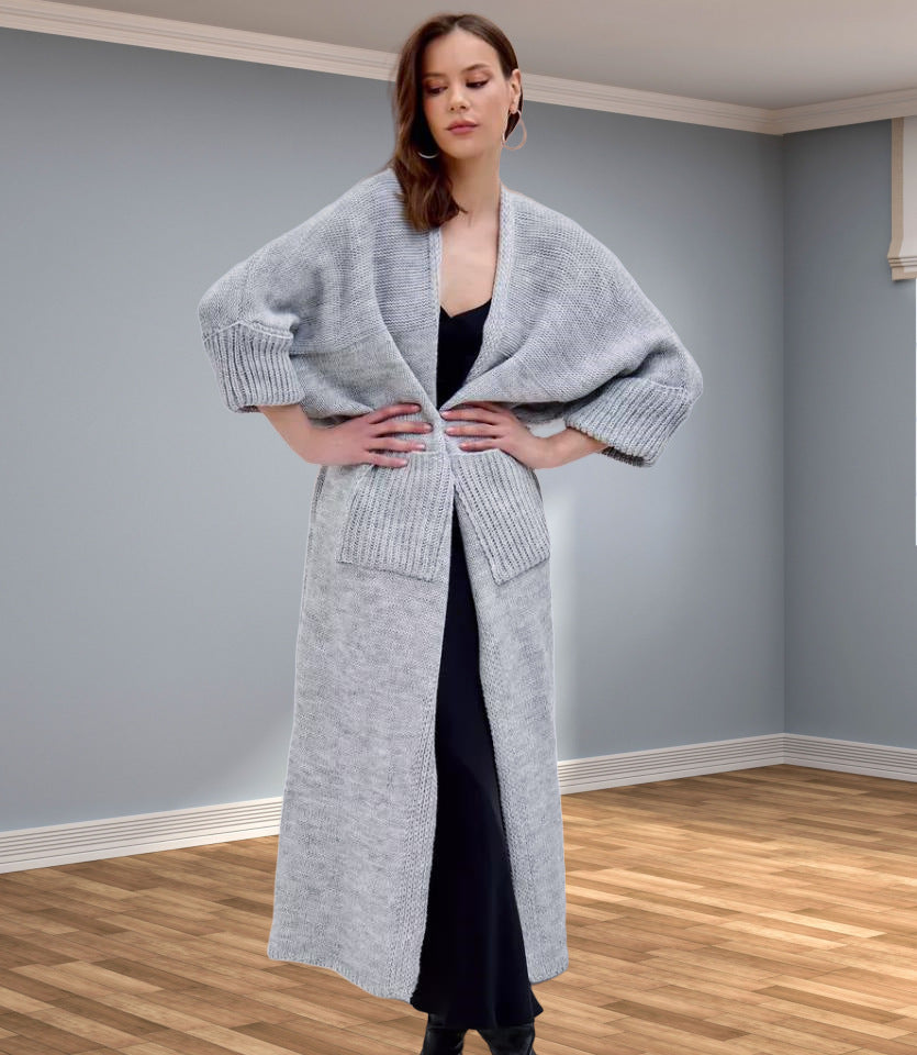 Damen Grobstrickmantel mit praktischen Taschen und elegantem V-Ausschnitt EB