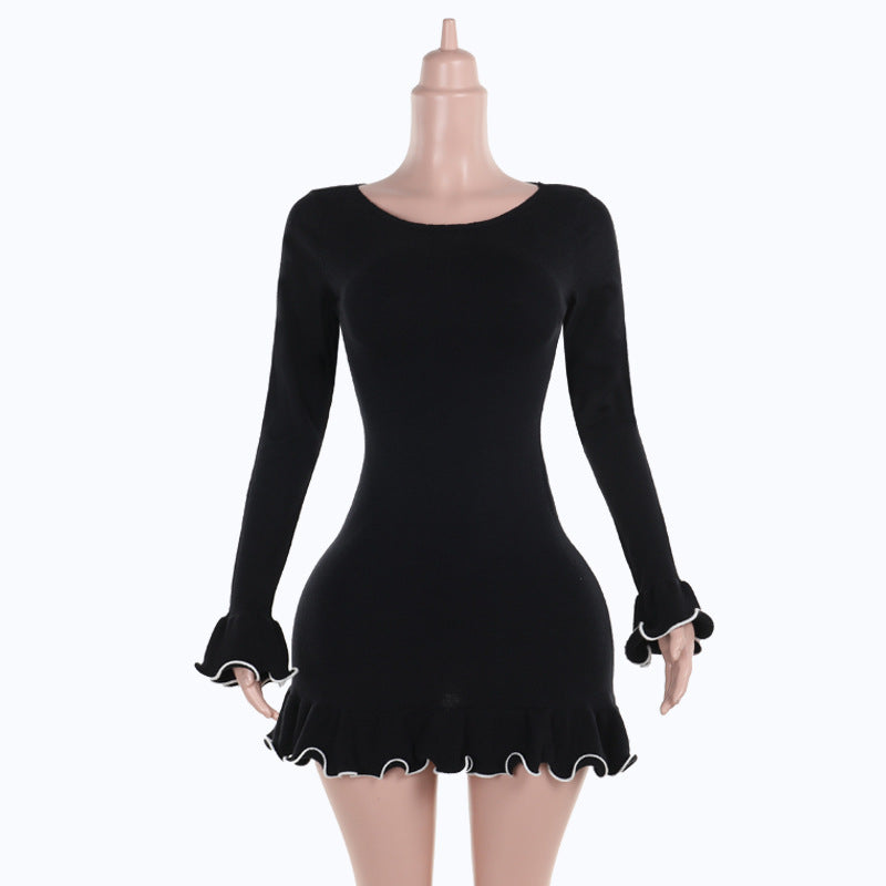 Damen figurbetontes Mini-Kleid mit kreativen Rüschen und langen Ärmeln EB