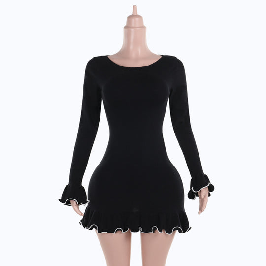 Damen figurbetontes Mini-Kleid mit kreativen Rüschen und langen Ärmeln EB