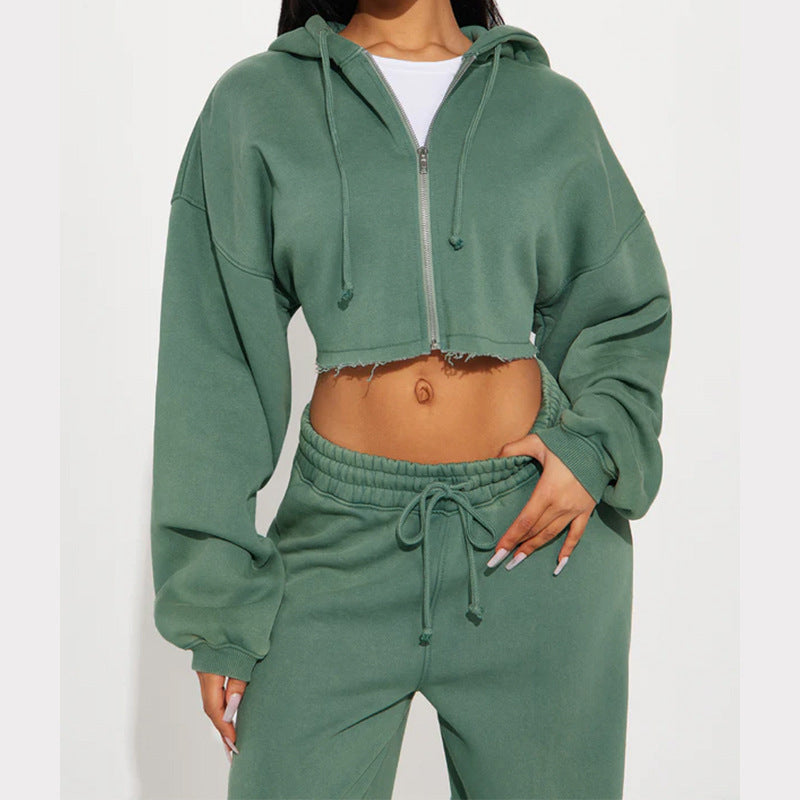 Damen nan Kapuzen-Crop-Top und weite Jogginghose Lounge-Set aus weichem Fleece EB