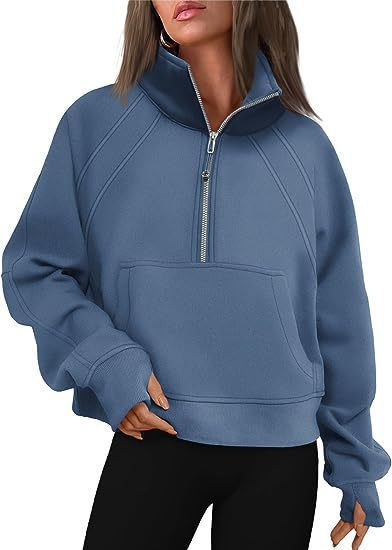 Damen kuscheliger Half-Zip Pullover mit Kapuze und Kängurutasche EB