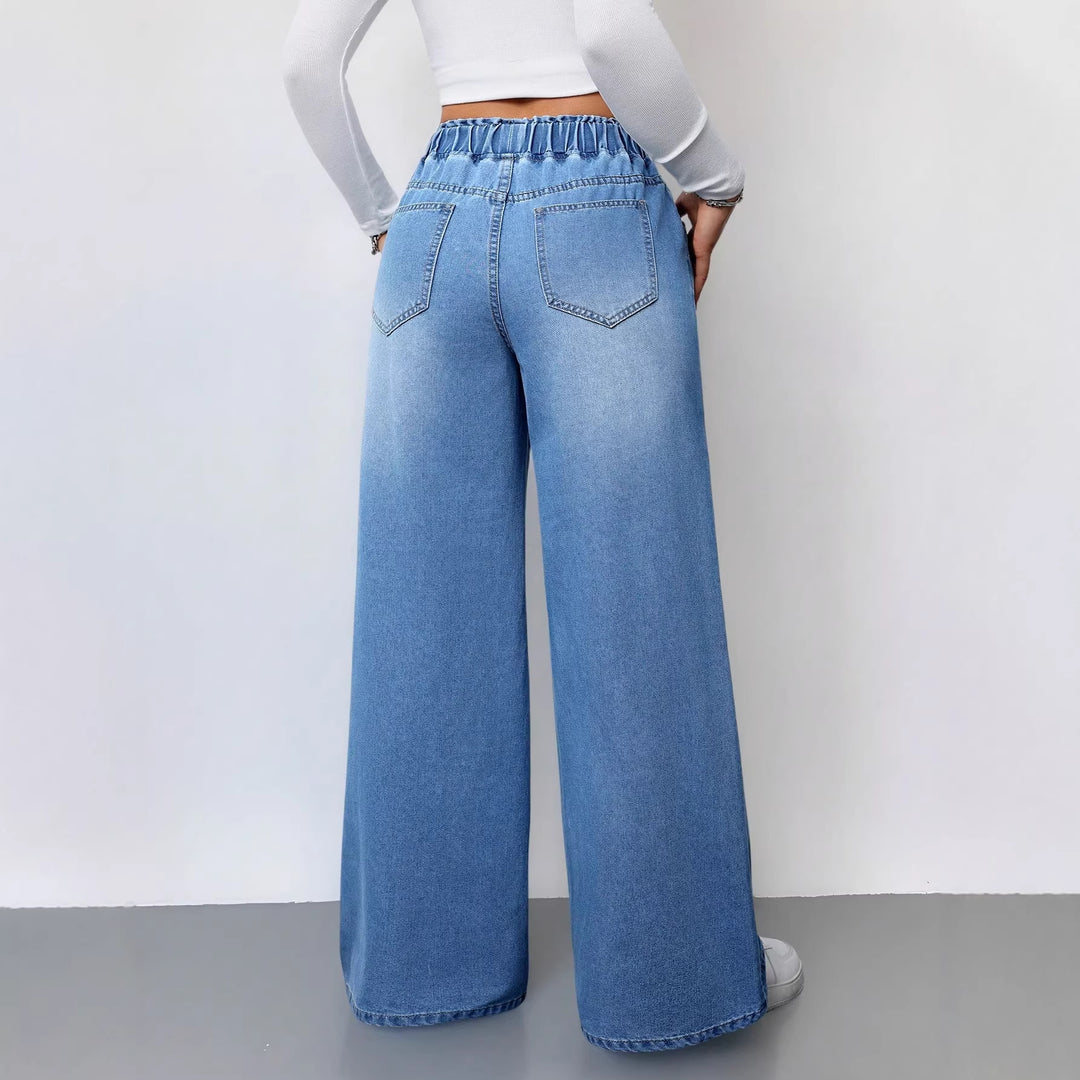 Damen Weit geschnittene Denim-Hose mit elastischem Bund und praktischen Taschen EB