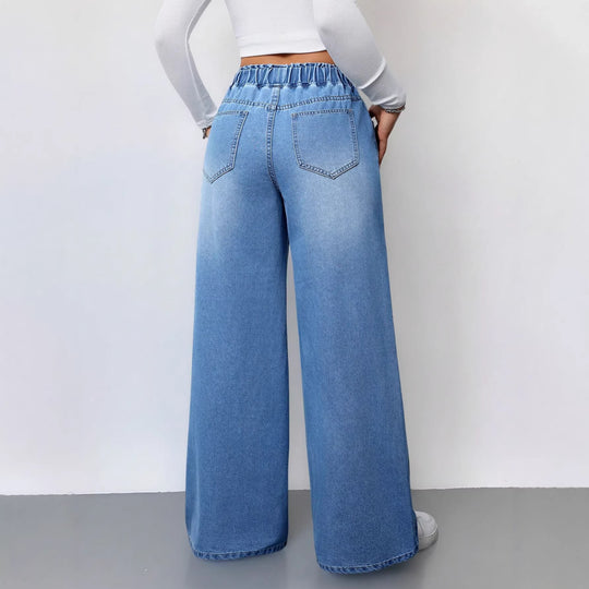 Damen Weit geschnittene Denim-Hose mit elastischem Bund und praktischen Taschen EB