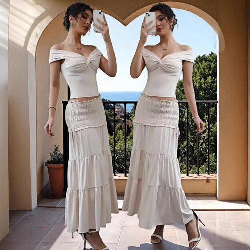 Damen Off-Shoulder Maxikleid mit gerafftem Rock und romantischem Design EB
