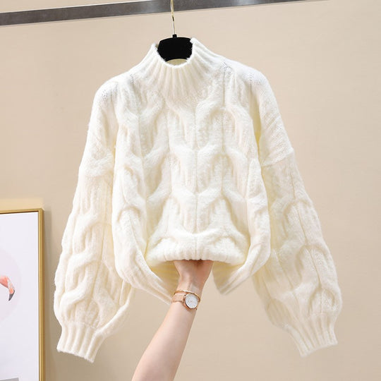 Damen kuscheliger Strickpullover mit voluminösen Ärmeln und Zopfmuster EB