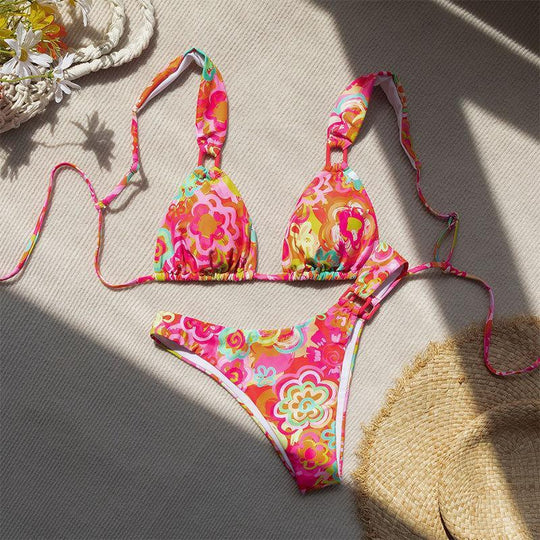 Damen Triangel-Bikini mit verspieltem Blumenmuster und verstellbaren Trägern EB