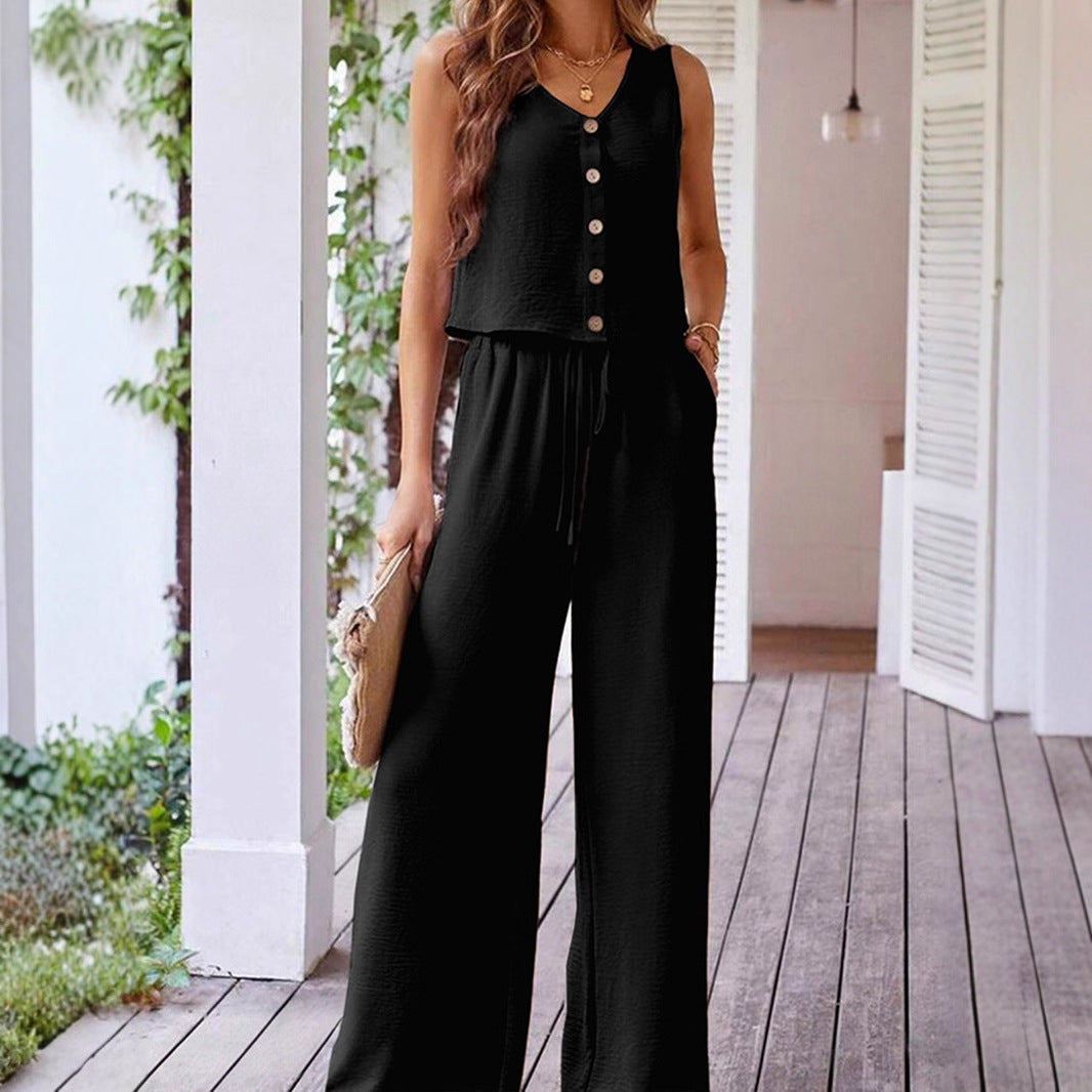 Damen Jumpsuit mit Knopf und weitem Bein EB