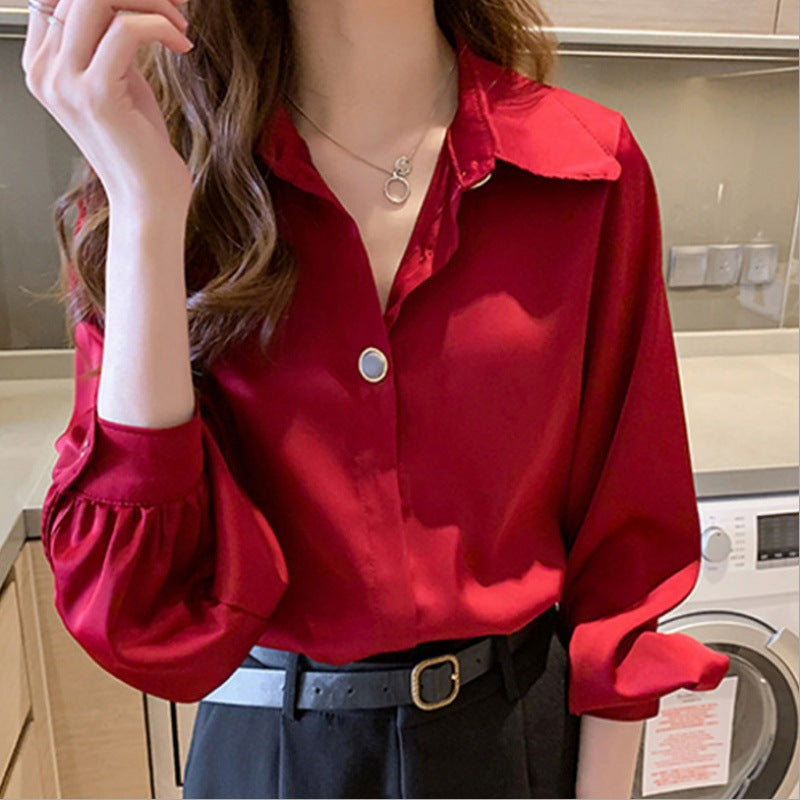 Damen Elegante Seidenoptik Hemdbluse mit übergroßem Kragen und Ballonärmeln EB