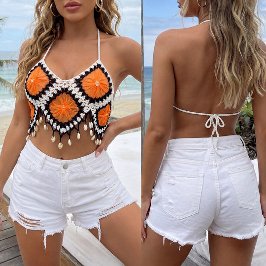 Damen Bohemian Cropped Top mit einzigartigen Häkelverzierungen EB