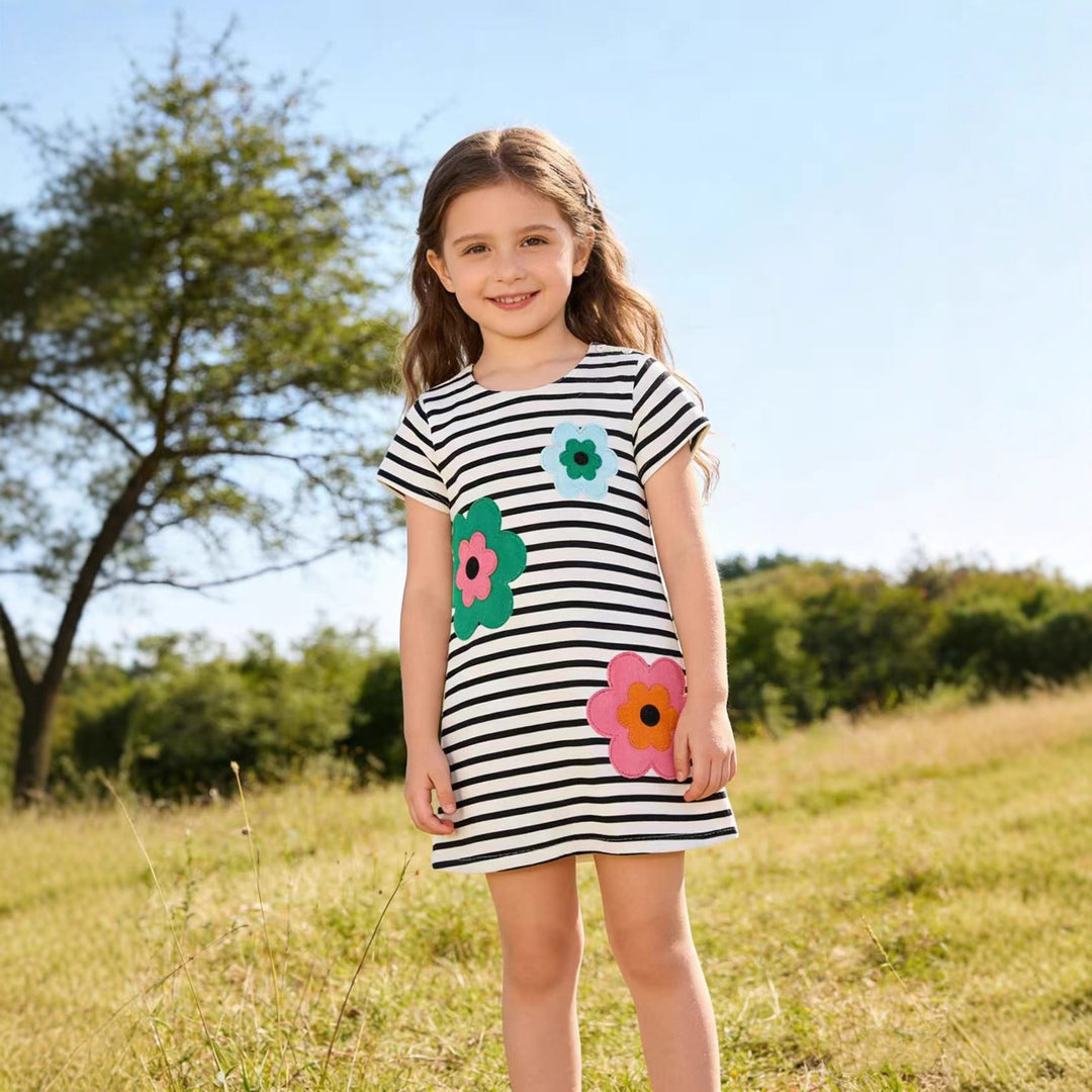 Mädchen T-Shirt Kleid mit bunten Blumenapplikationen EB