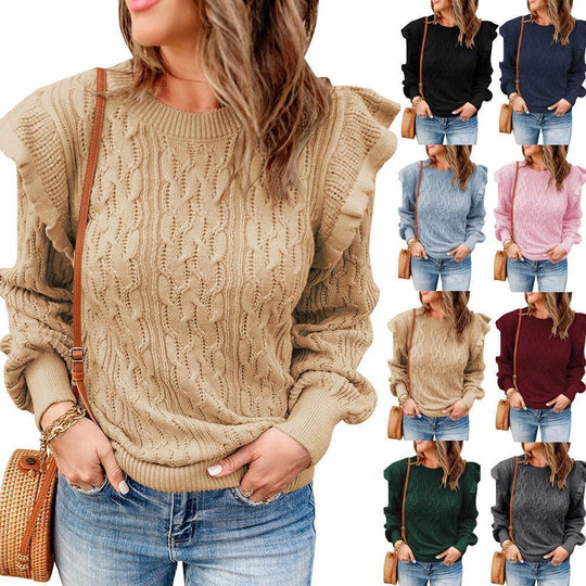 Damen Strickpullover mit Rüschenärmeln und Zopfmuster EB
