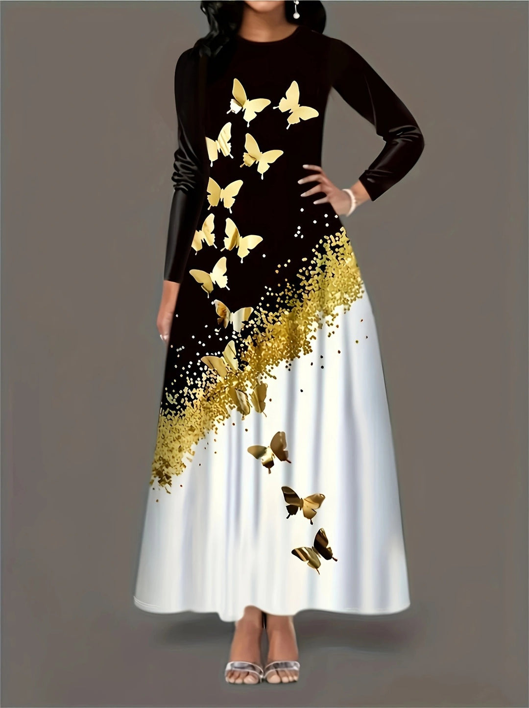 Damen Maxikleid mit elegantem Schmetterlingsdesign und goldenen Akzenten EB