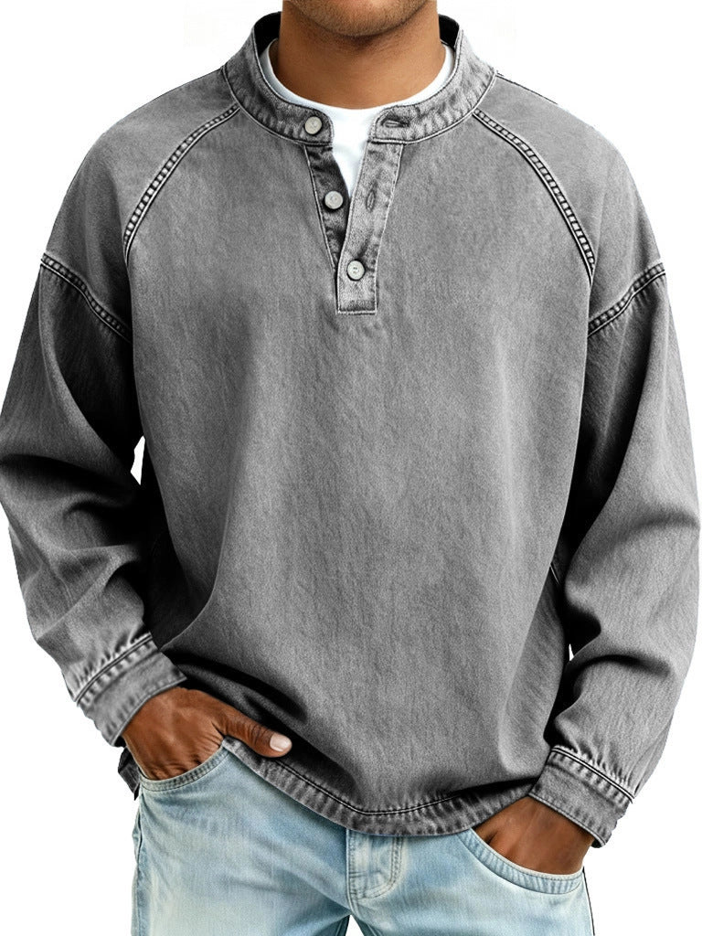 Herren nan verwaschenes Henley-Shirt mit Stehkragen, lockerer Passform und Knopfleiste EB