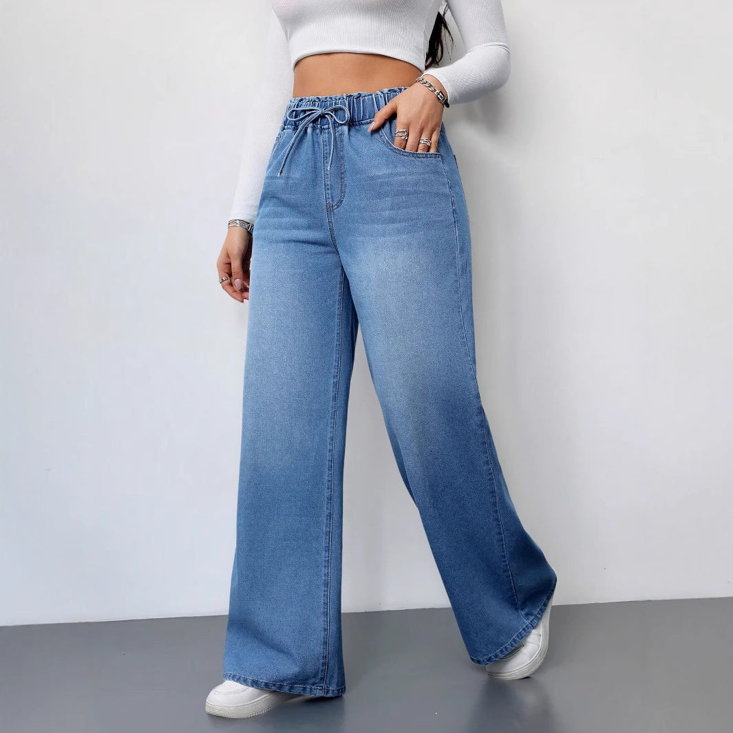 Damen Weit geschnittene Denim-Hose mit elastischem Bund und praktischen Taschen EB