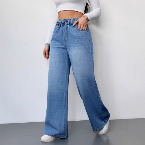 Damen Weit geschnittene Denim-Hose mit elastischem Bund und praktischen Taschen EB