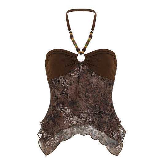 Damen Bandeau-Oberteil mit floralen Akzenten und dekorativem Halter EB