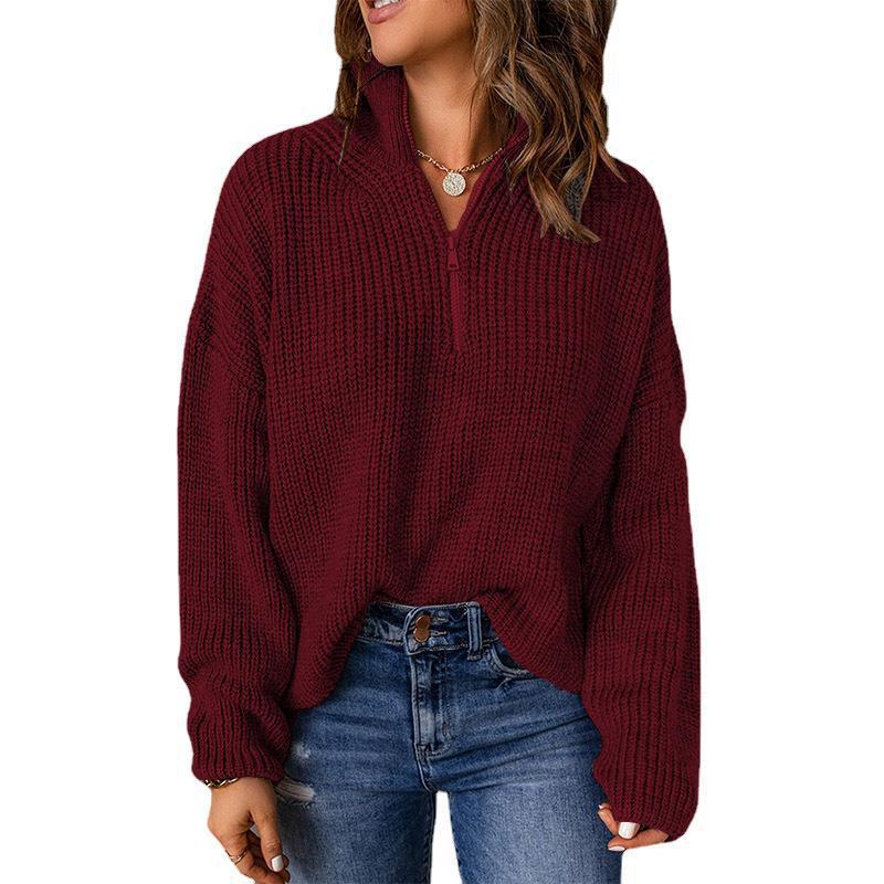 Damen Grobstrickpullover mit Stehkragen und Reißverschluss EB