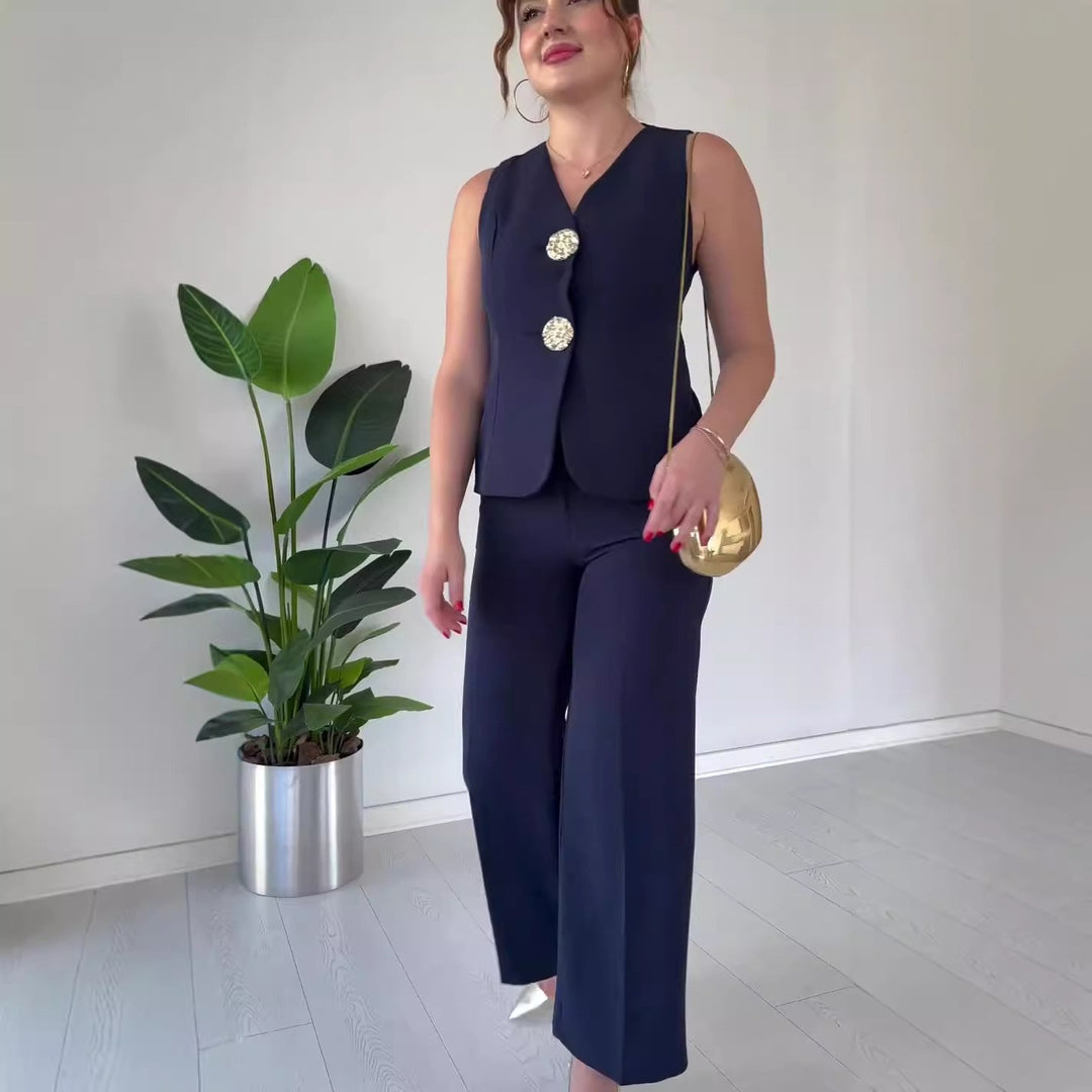 Damen Ärmelloses Tailoring-Set mit taillierter Weste, Zierknöpfen und weiter Palazzo-Hose EB