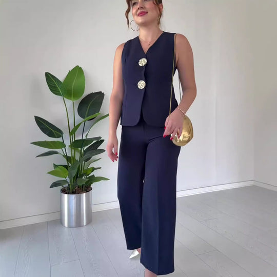 Damen Ärmelloses Tailoring-Set mit taillierter Weste, Zierknöpfen und weiter Palazzo-Hose EB