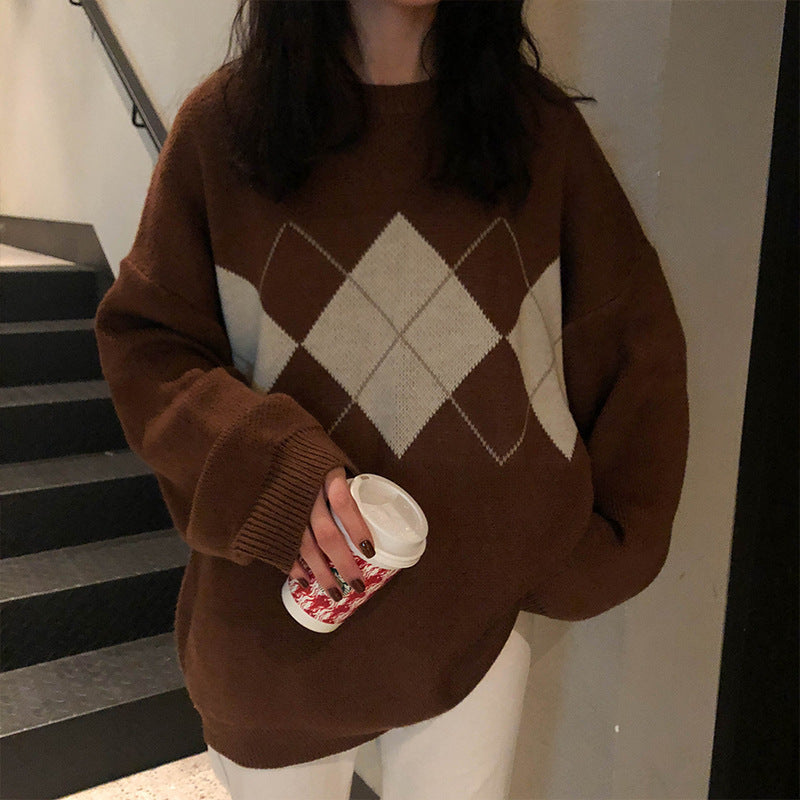 Damen Grobstrickpullover mit modernem Karomuster und lässigem Oversized-Schnitt EB