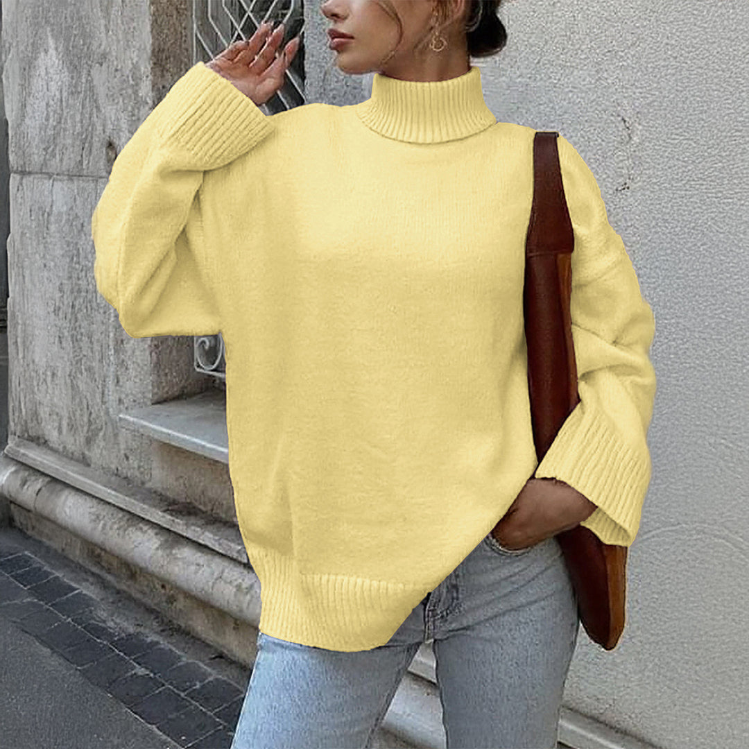 Damen nan oversize Rollkragenpullover mit breitem Rippkragen, voluminösen Ballonärmeln und verlängertem Bündchen EB