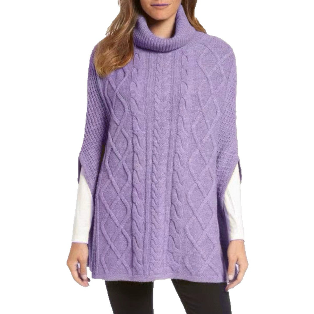 Damen Strickponcho mit hohem Kragen und klassischen Zopfmuster EB