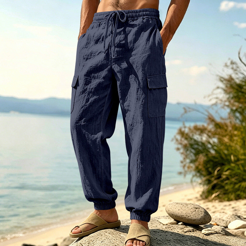 Herren nan leichte Cargo-Joggerhose aus Leinenmischung mit elastischem Tunnelzugbund, aufgesetzten Klappentaschen und gerippten Beinabschlüssen EB