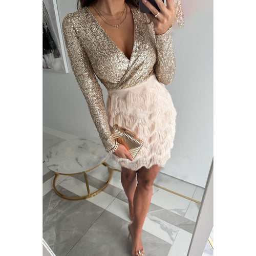 Damen Glitzerndes Cocktailkleid mit V-Ausschnitt und voluminösen Ärmeln EB