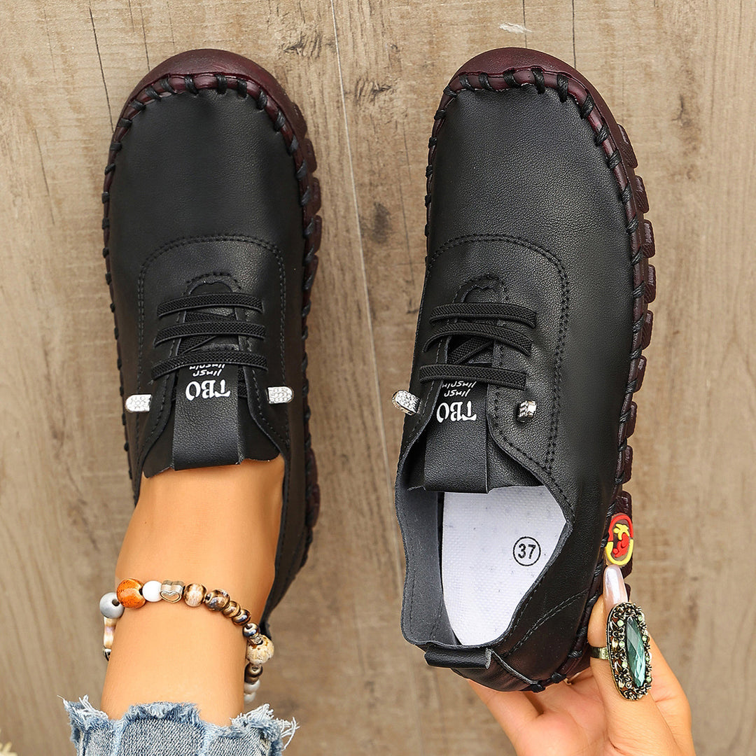 Damen Freizeit-Leder-Sneaker mit elastischen Schnürsenkeln und rutschfester Sohle EB