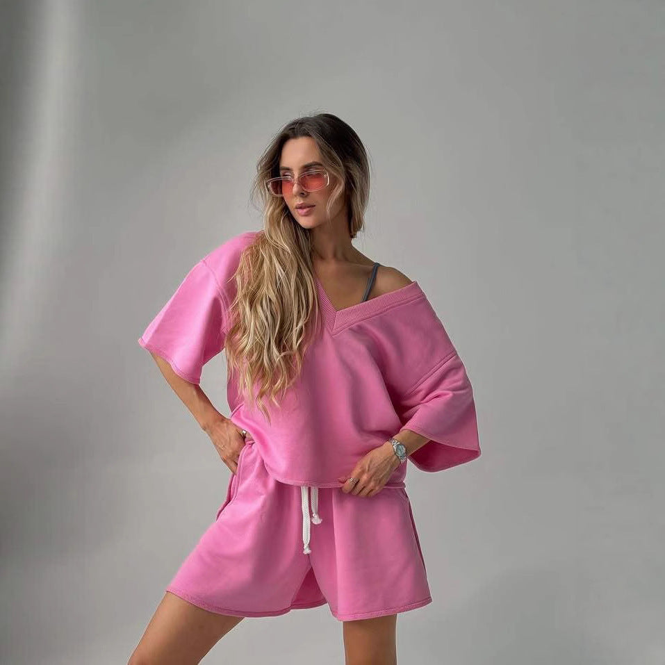 Damen lässiges Lounge-Set mit oversized Oberteil und Shorts EB
