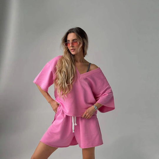Damen lässiges Lounge-Set mit oversized Oberteil und Shorts EB